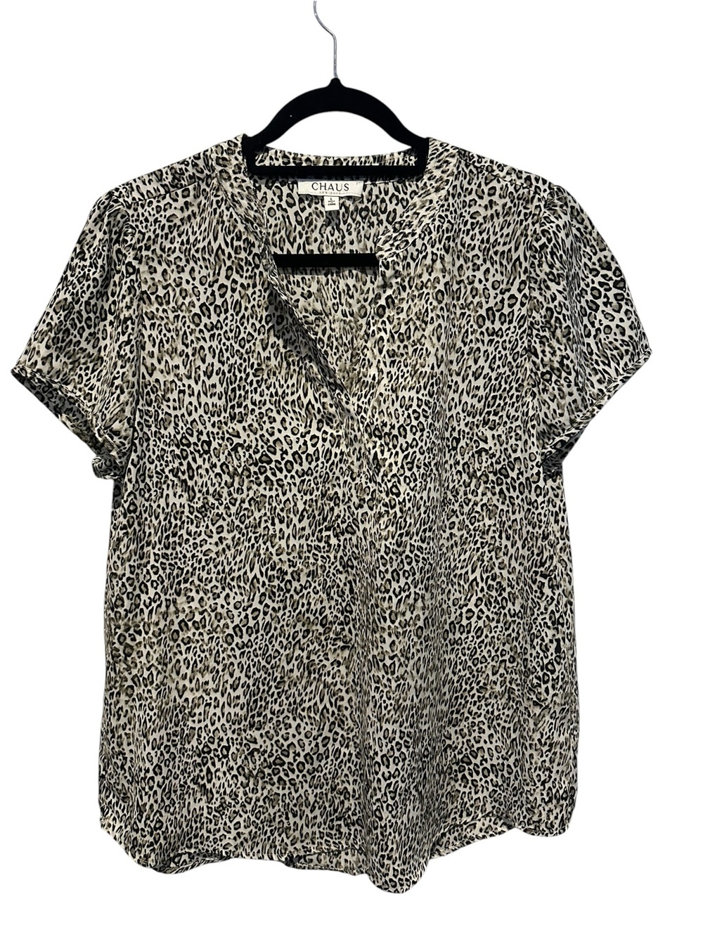 Chaus Leopard Print V-Neck Short Sleeve Blouse - Grey, Black, White